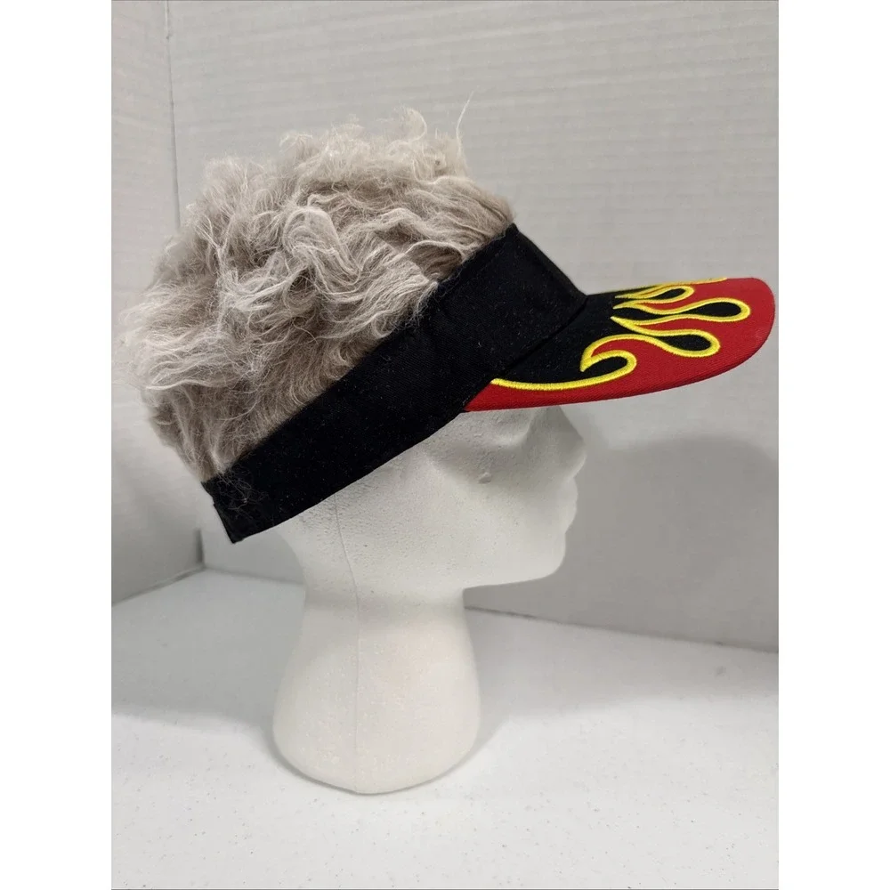 FlairHair Visor Faux Hair Adjustable Black Red Flames Grey Novelty Fun